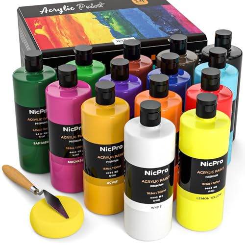 Nicpro 14 Colors Large Bulk Acrylic Paint Set (16.9 oz,500 ml) Rich Art Painting Supplies, Non Toxic for Multi Surface Rock Canvas Wood Ceramic Leather Fabric Craft, for Adult with Color Wheel - color: 14 Colors, size: 16.9 Fl Oz (Pack of 14)
