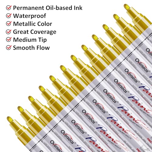 Lesun Gold Paint Pens, 12 Pack Waterproof Oil-Based Paint Pen Set - Quick Dry, Permanent Markers for Rock, Stone, Ceramic, Wood, Fabric, Plastic, Canvas, Glass, Mugs, Tires - color: Gold