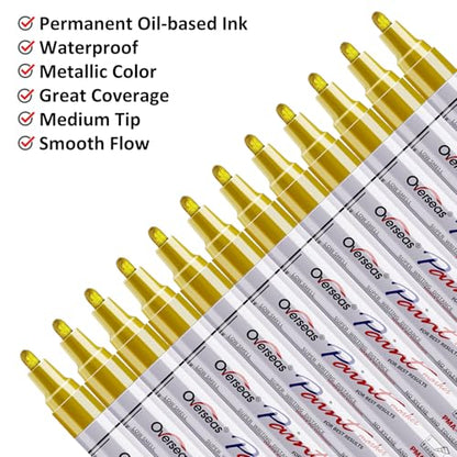 Lesun Gold Paint Pens, 12 Pack Waterproof Oil-Based Paint Pen Set - Quick Dry, Permanent Markers for Rock, Stone, Ceramic, Wood, Fabric, Plastic, Canvas, Glass, Mugs, Tires - color: Gold