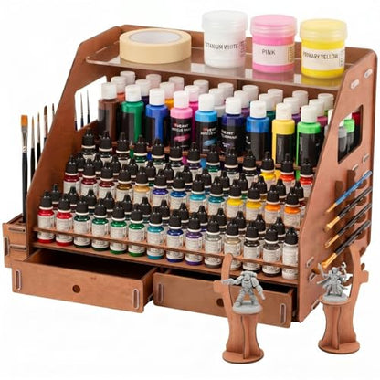 Colingmill 128 Holes Wooden Paint Organizer with Acrylic Storage Shelf 26 Brush Slots, 6 Drying Slots 2 Miniature Paint Handles 2 Drawers for Miniature Paints Storage 2oz and 17ml Bottles