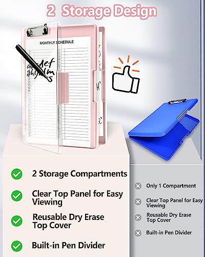 Clearview Clipboard with 2 Storage, Dry Erase 8.5x11 Heavy Duty ClipBoards - High Capacity Coaches Clip Board with Pen Holder - Side Opening Plastic Nursing Clip Case (Pale Pink) - color: Pale Pink