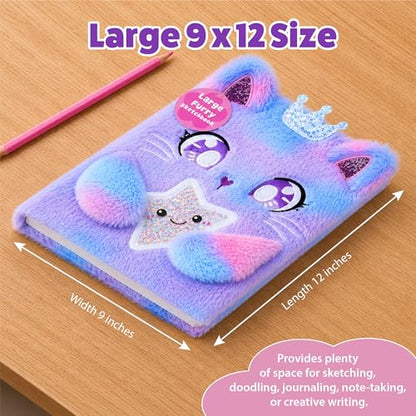 VOTUM Cat Princess Furry Sketchbook for Girls, 8x11 Plush Notebook with Crown & Star Charm, Soft Fluffy Journal & Diary for Drawing, Writing, Birthday, Christmas for Girls - color: Cat Princess