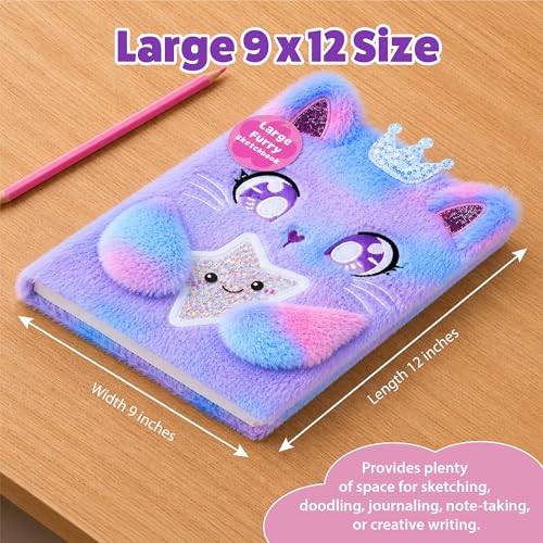 VOTUM Cat Princess Furry Sketchbook for Girls, 8x11 Plush Notebook with Crown & Star Charm, Soft Fluffy Journal & Diary for Drawing, Writing, Birthday, Christmas for Girls - color: Cat Princess
