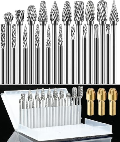 3Pcs Collets and 20Pcs 1/8" Shank Carbide Burr Compatible with Dremel Milwaukee Metal Grinding Wood Stone Steel Carving Cutting Polishing Engraving Grinder Kit Attachment Rotary Tool Accessories Set