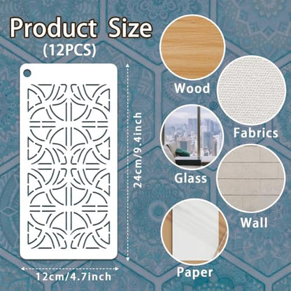 12 Sheets Sashiko Painting Stencils, 12 Styles Geometric Sashiko Pattern Quilting Drawing Templates Reusable Border Stencil for Sewing Embroidery Scrapbooking DIY Ornaments - style: Geometric
