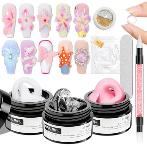 Clear White Pink Solid Builder Gel for Nails 3D Nail Art Sculpture Hard Gel with Dual Form for Extension Carving Molding Patterns Decoration Home Manicure DIY for Women - color: Clear&White&Pink