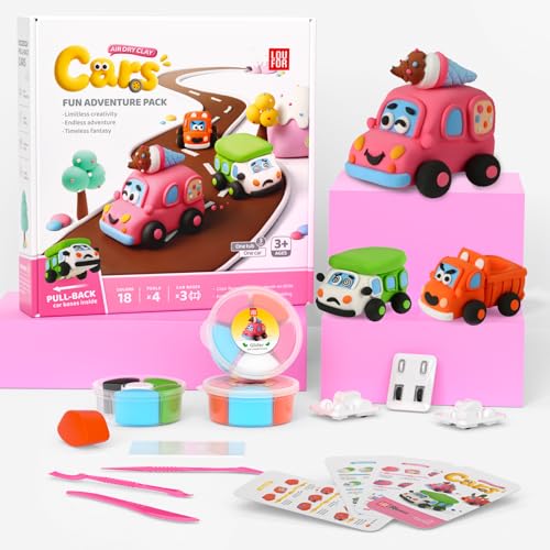 Air Dry Clay Kit for Kids - Pull Back Car Making, 3 Boxes Modeling Clay with Sculpting Tools, Base, Backing Board, Tutorial, Ultra Light & Soft, Non-Toxic & Safe, Creative DIY Arts and Crafts Toys - color: Fun Adventure Park