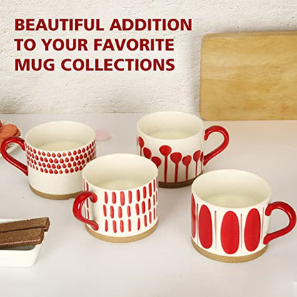 Koja 16 oz Premium Hand Painted Porcelain Ceramic Mug Set, Large Coffee & Tea Mugs, Elegant Decorative Durable Stoneware Microwave Safe Drinkware for Home Kitchen, 4-Pack - size: 16 oz Red