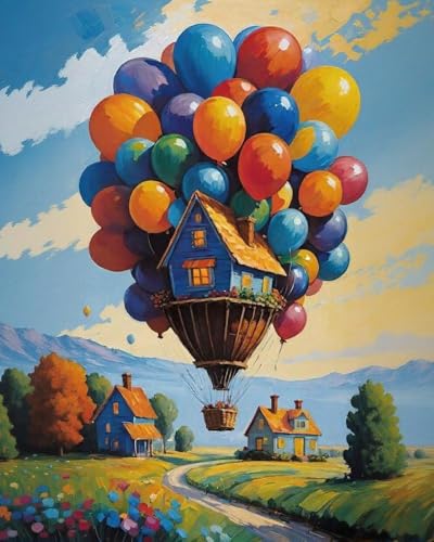 GEEHEIY Paint by Numbers Kit for Adults, Floating House DIY Painting on Canvas, Colorful Balloons Paint by Number Kit with Acrylic Paint, Fantasy Landscape Wall Art Home Decor Gift 16x20 Inch - color: TRTDNF1P311