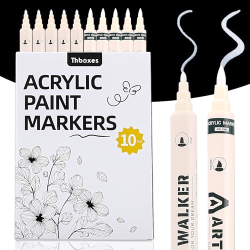 Thboxes 10 Pack White Paint Markers, Dual-Tip Acrylic Paint Pen Fine Tip and Brush Tip Markers for Fabric Wood Metal Rock Glass Plastic Canvas School Supplies Art Supplies - color: White