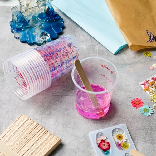 Lilymicky 16 oz Plastic Mixing Cups, 100 Pack 16 oz (500ml) Disposable Measuring Cups with 100 Wooden Mixing Sticks, Can Be Used for Epoxy Resin, Liquid Measuring, Paint, Cooking and Baking