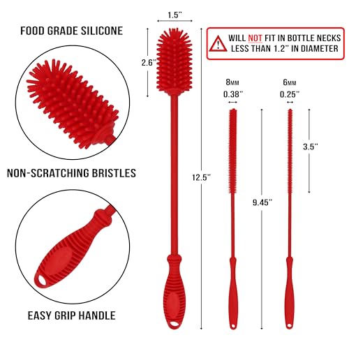 Kitchiny Silicone Bottle Brush with 2 Straw Cleaners - 12.5” Water Bottle Cleaner Brush for Yeti, Hydro Flask, Owala, Stanley, Baby Bottles, Glassware, Vases & Narrow Neck Containers - Red - color: Red