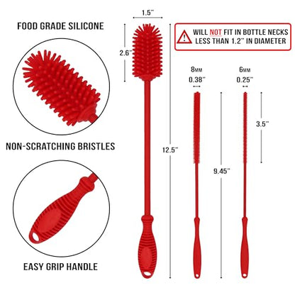Kitchiny Silicone Bottle Brush with 2 Straw Cleaners - 12.5” Water Bottle Cleaner Brush for Yeti, Hydro Flask, Owala, Stanley, Baby Bottles, Glassware, Vases & Narrow Neck Containers - Red - color: Red