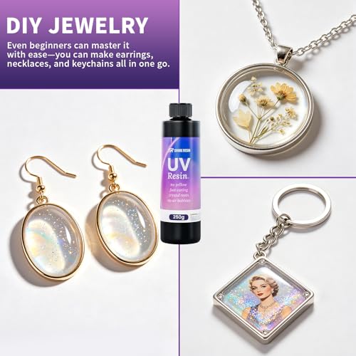 SHORE RESIN 250g UV Resin Kit with Light, Jewelry Starter Set | Includes UV Lamp, Silicone Molds, Glitter, Dried Flowers and Tools for Earrings, Keychains and Crafts - size: 250g