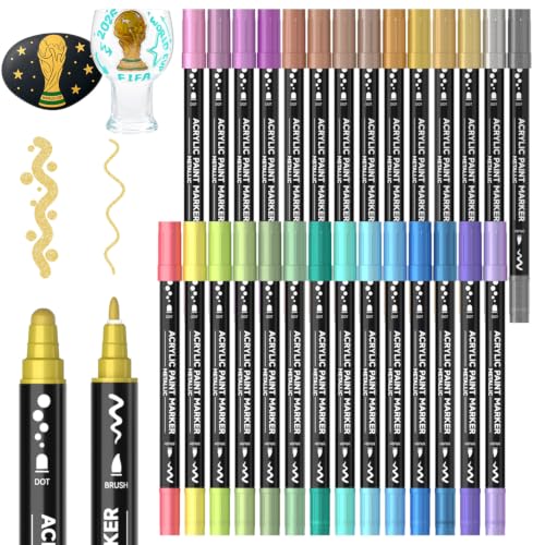 Shuttle Art 28 Metallic Colors Dual Tip Acrylic Paint Markers, Dot Tip and Fine Tip Acrylic Paint Pens for Rock, Ceramic, Wood, Canvas, Plastic, Glass, Stone, Calligraphy, Card, DIY Football Crafts - color: 28 Metallic Colors Fine Tip and Dot Tip