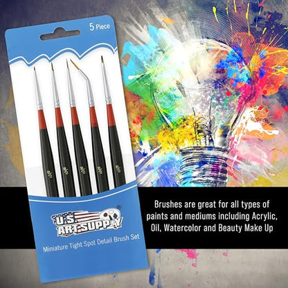 U.S. Art Supply 5 Piece Miniature Tight Spot Micro Fine Detail Art & Beauty Taklon Brush Set with Wood Handles - style: 5-Piece