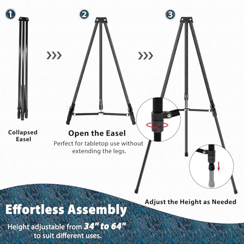 64" Aluminum Telescoping Display Easel, Adjustable Easel Stand for Sign, Portable Black Floor Standing Easels for Artwork, Painting, Posters, Whiteboard, 1PC