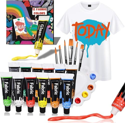 Fabric Acrylic Paint Set, 12 Vivid Colors with 6 Brushes & Palette, Fast-Drying Textile Paint Kit for Custom Sneakers, DIY Clothing, Canvas Bags, Art Supplies for Teens & Adults
