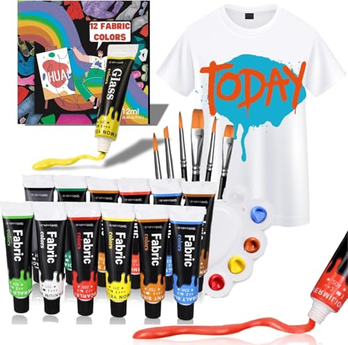 Fabric Acrylic Paint Set, 12 Vivid Colors with 6 Brushes & Palette, Fast-Drying Textile Paint Kit for Custom Sneakers, DIY Clothing, Canvas Bags, Art Supplies for Teens & Adults