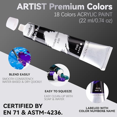 koseibal Acrylic Paint Set for Adults & Kids - 37PCS Art Painting Supplies Kit with 18 Colors Acrylic Paint, 8 Paint Brushes,6 Canvas Panels, Wooden Easel,Palette, Painting Pad - color: 18color+37pcs