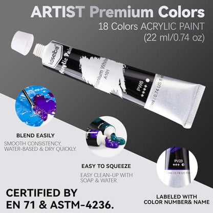 koseibal Acrylic Paint Set for Adults & Kids - 37PCS Art Painting Supplies Kit with 18 Colors Acrylic Paint, 8 Paint Brushes,6 Canvas Panels, Wooden Easel,Palette, Painting Pad - color: 18color+37pcs