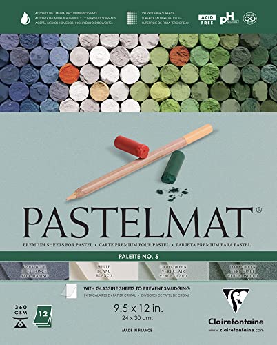 Clairefontaine Pastelmat Glued Pad - Palette No. 5 - (9 1/2 x 12 Inches) 24 x 30 cm - 360g - 12 Sheets - Dark Green, Light Green, White, Dark Blue - color: Dark Green, Light Green, White, Dark Blue, size: 24 x 30 CM