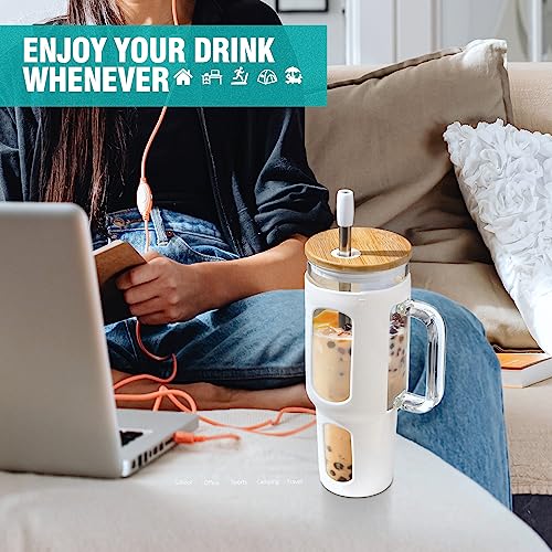 WINSA Glass Tumbler with Lid and Straw, 46 oz Iced Coffee Cup with Handle, Large Water Bottles with Silicone Sleeve, Glass Cup with Straws - Pearl Straw & Drinking Straw BPA Free-White - color: White, size: 46 Ounces