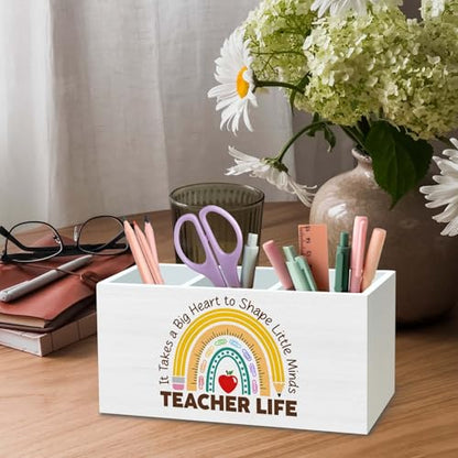 DILSJ Teacher Appreciation Gifts Pencil Holder Organizer for Desk, End of Year Teacher Gifts, It Takes a Big Heart to Shape Little Minds Wooden Box Signs for New Teacher Desk Tabletop School Supplies - color: Rainbow