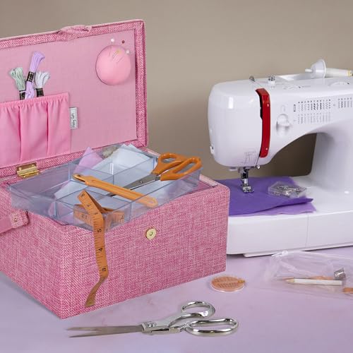 Hobby Gift Medium Sewing Box Organiser, Fabric Covered Storage Box with Handle, Internal Tray, Pin Cushion and Pocket for Sewing, Quilting and Knitting Supplies - color: Cherries