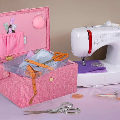 Hobby Gift Medium Sewing Box Organiser, Fabric Covered Storage Box with Handle, Internal Tray, Pin Cushion and Pocket for Sewing, Quilting and Knitting Supplies - color: Cherries