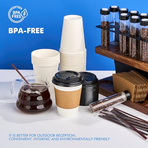 RACETOP 12 oz 100 Pack Disposable Paper Coffee Cups with Lids, Sleeves and Stirrers, Hot Cups, Paper Cups with Lids, Sleeves and Stirrers, Ideal for Home/Office - size: 12 oz