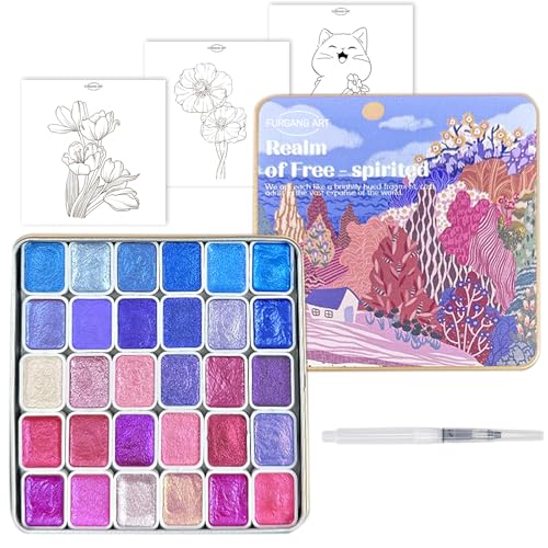 Mini Shifting Watercolor Paint Set, 30 Color Glitter Watercolor Painting Kit, Metallic Watercolor Paints, Solid Water Colors Paint Adult Set, Detail Paint Brush Included, for Artists - color: Realm of Free - spirited