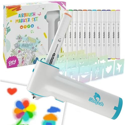 Air Brush Marker Sprayer Set for Kids w 12 Washable Markers & 20 Stencils | Creative Activity for Boys & Girls Ages 5 6 7 8 9 – Arts & Crafts DIY Travel Indoor & Outdoor Perfect Kids Birthday Gift