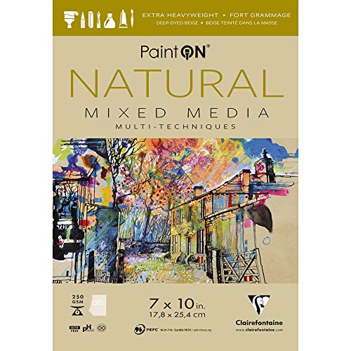 Clairefontaine - Ref 975484C - Paint'ON Mixed Media Natural Glued Pad (20 Sheets) - 17.8 x 25.4cm (7 x 10in), 250gsm Heavyweight Paper, Acid Free (USA Version) - color: Natural, size: 7-x-10-Inch