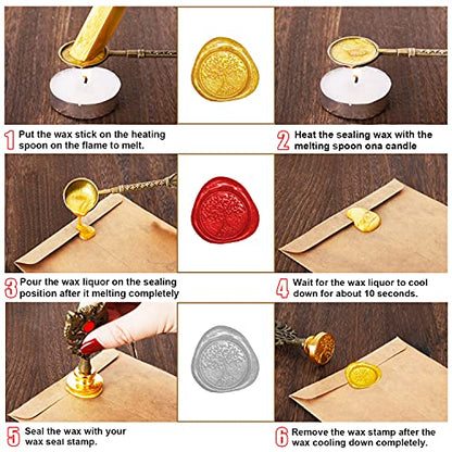 Quill Pen and Ink Set, Includes Feather Pen, Wooden Dip Pen, 17 Replacement Nibs, Pen Base, 3 Wax Seal Sticks, Stamp, White Wax, Spoon, Envelope Letter Paper, Envelope Tool (Red)