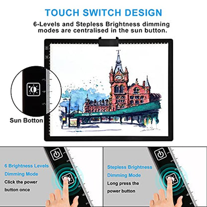 A3 LED Light Pad with Carry Bag, TOHETO Wireless Rechargeable Light Board with Stand and Top Magnetic Clip 3 Colors Stepless Dimmable 6 Levels Brightness Light Box for Diamond Painting Weeding Vinyl - style: A3 with Bag (Black)
