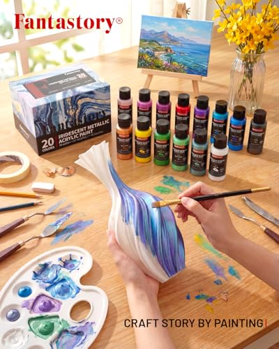 Fantastory Metallic Iridescent Acrylic Paint Set with 12 Brushes, 20 x 2oz Metallic Colors, Color-Shifting, Craft Paint Kit, Metal/Canvas/Rock/Stone/Ceramic/Model/Wood Painting [Professional Series] - style: 20 Metallic Iridescent Colors