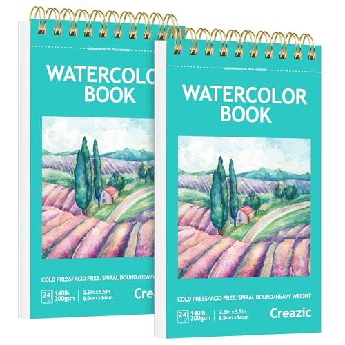 2-Pack Small Watercolor Sketchbook, 3.5" x5.5”(140lb/300g), Spiral Bound with Tear Line. Artist Water Color Paper, Portable Travel Notebook for Watercolor or Quick Sketch - Ideal for Kids & Adults - color: Teal, size: 3.5" x 5.5" Spiral Bound (pack of 2)