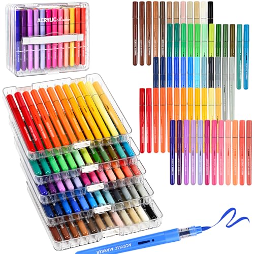 60 Colors Acrylic Paint Markers, Automatic Ink Control with Brush Tip | Acrylic Paint Pens for Egg, Rock Painting, Canvas, Wood, Glass, Metal, Ceramic, Calligraphy, Card Making, DIY Crafts - color: 60 Colors(Brush Tip)
