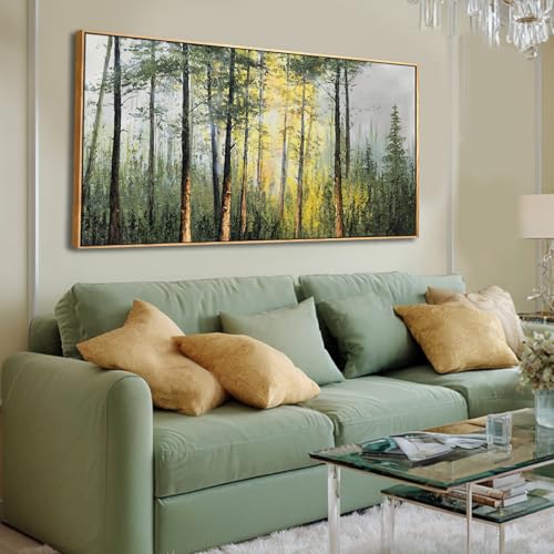Landscape Framed Canvas Wall Art,Green Nature forest Artwork Prints,Tree Sunrise Scenery Wall Decor for Living Room Bedroom Office 24"x48" - color: Green, size: 48"L x 24"W
