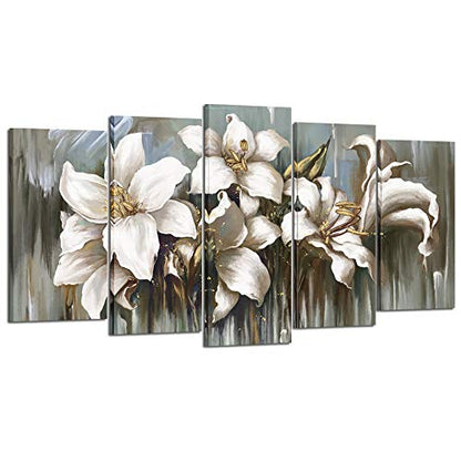 KREATIVE ARTS 5 Panel Flowers Canvas Wall Art Modern Wrapped Floral Artwork Giclee Canvas Prints White and Grey Tulip Paintings on Canvas Ready to Hang for Living Room (Large Size 60x32inch)