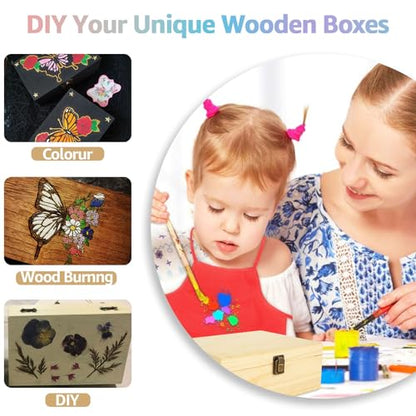DAJAVE Unfinished Wooden Box, Wooden Storage Box with Hinged Lid, 9x9x4 Inch Pine Wood Box DIY Craft Stash Boxes for Arts Hobbies, DIY, Home Storage