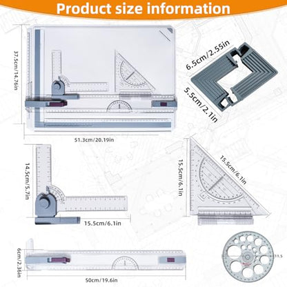A3 Drawing Board Drafting Table Multifunctional Drawing Board Table with Clear Rule Parallel Motion and Angle Adjustable Measuring System, Metric - size: Metric