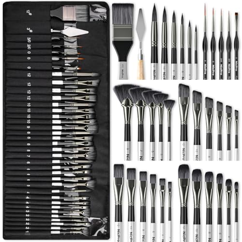 Nicpro 36pcs Paint Brush Set, Professional Paintbrushes with Palette Knife and Cloth Roll, Suitable for Artists and Beginners for Acrylic Painting, Oil, Watercolor, Gouache - color: Silver