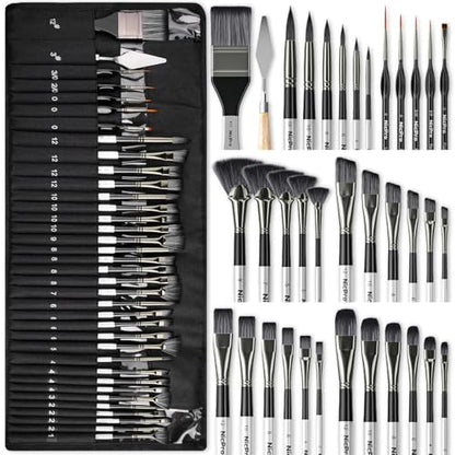 Nicpro 36pcs Paint Brush Set, Professional Paintbrushes with Palette Knife and Cloth Roll, Suitable for Artists and Beginners for Acrylic Painting, Oil, Watercolor, Gouache - color: Silver
