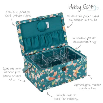Hobby Gift Medium Sewing Box Organiser, Fabric Covered Storage Box with Handle, Internal Tray, Pin Cushion and Pocket for Sewing, Quilting and Knitting Supplies - color: Birds