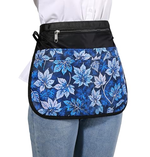 Waterproof Server Apron for Women with 5 Pockets,Quickly Put on and Take off Waitress Aprons,Work Apron for Bartender Barista - color: Blue Leaves