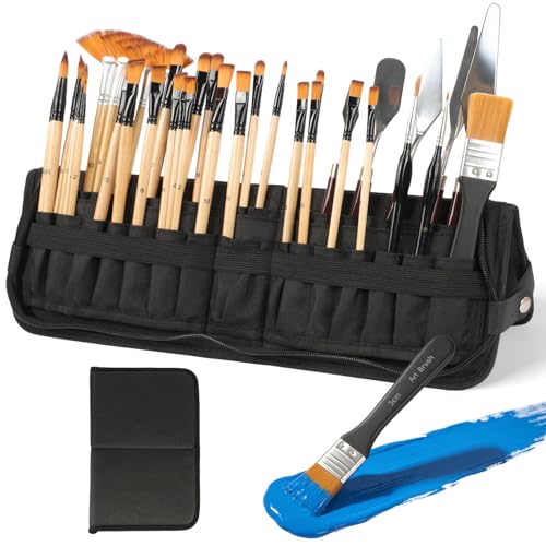 38 Pcs Paint Brush Set, Assorted Round, Flat, Filbert, Angle, Fan & Liner Brushes for Acrylic, Watercolor, Oil & Gouache, Portable Standing Storage Bag for Artists, Students & Craft Projects