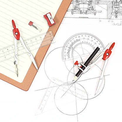 Vobou Math Geometry Kit Sets 10 Piece Student Supplies with Shatterproof Storage Box,Includes Rulers,Protractor,Compass,Eraser,Pencil Sharpener,Lead Refills,Pencil,for Drafting and Drawings（Red） - color: Red