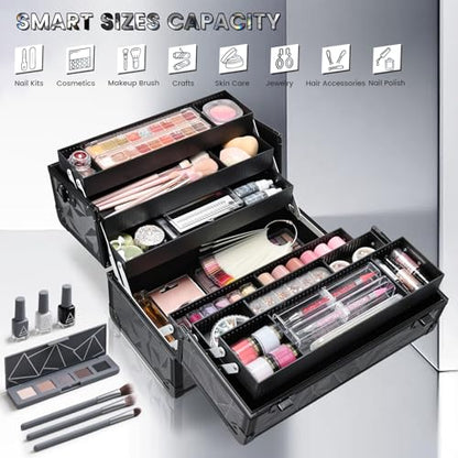 FRENESSA Makeup Case Extra Large Makeup Train Case 12.6 Inch Makeup Box Organizer Profressional Make Up Cases Storage Cosmetic Artist Travel Case with Divider Shoulder Strap Hard Vanity Dark Black - color: Dark Black
